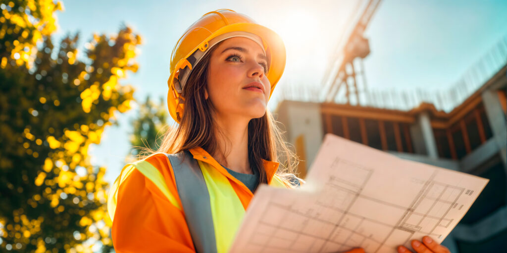 Female environmental consultant wearing a safety helmet, holding survey documents at a construction site.