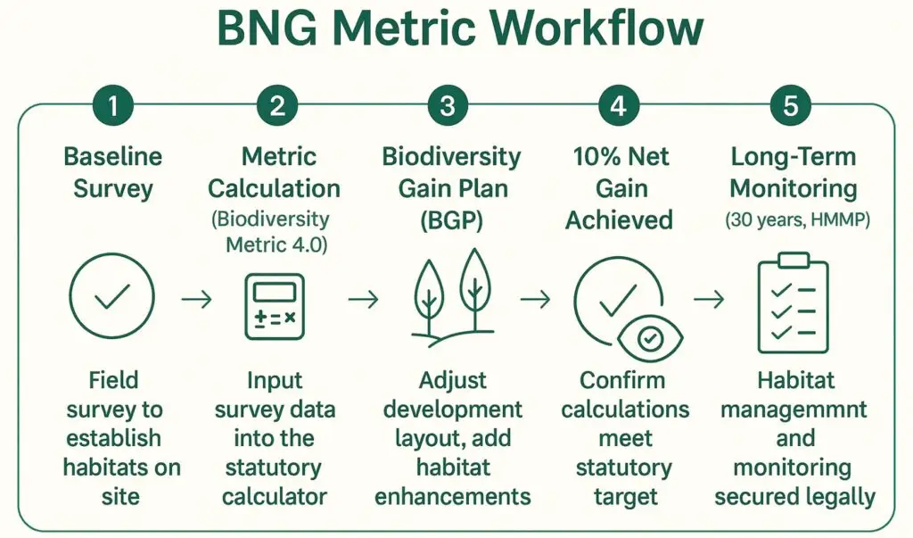 BNG Metric workflow showing baseline habitat surveys, statutory biodiversity metric calculations, Biodiversity Gain Plans and long-term habitat monitoring.