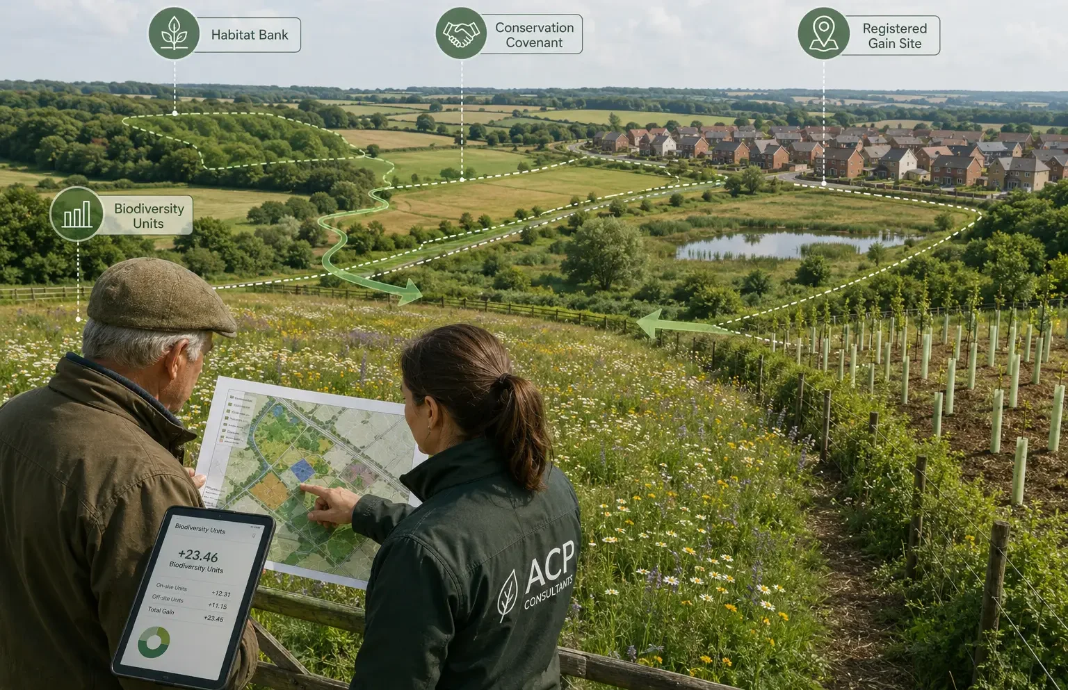 Landowner and ecologist reviewing a habitat plan showing biodiversity units, habitat bank creation, conservation covenant and registered biodiversity gain site for Biodiversity Net Gain in England.