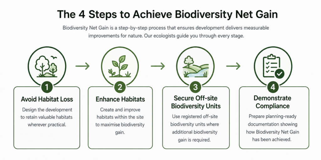 Infographic showing the four steps to achieve Biodiversity Net Gain through habitat retention, habitat enhancement, off-site biodiversity units and planning compliance.