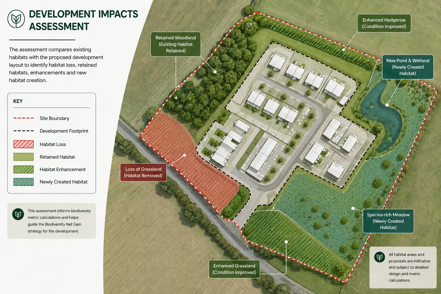 Site plan illustrating habitat loss, retained habitat, habitat enhancement and proposed new habitats within a BNG assessment.
