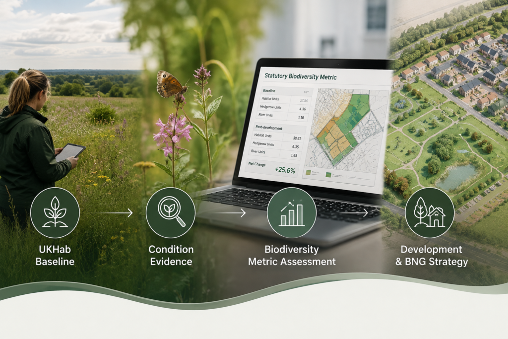 Ecologist assessing UKHab baseline habitats, condition evidence and biodiversity metric results alongside a proposed development design.