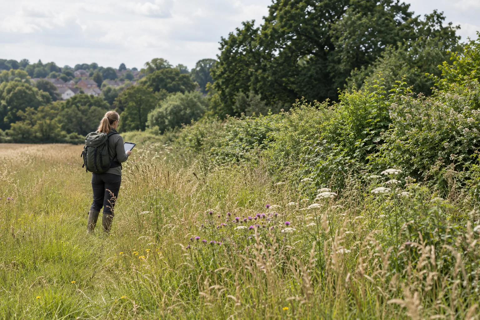 Habitat observations and planning Person recording observations beside grassland and a hedgerow