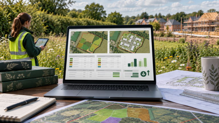 Illustration of a laptop with a biodiversity workbook beside habitat plans and field notes.