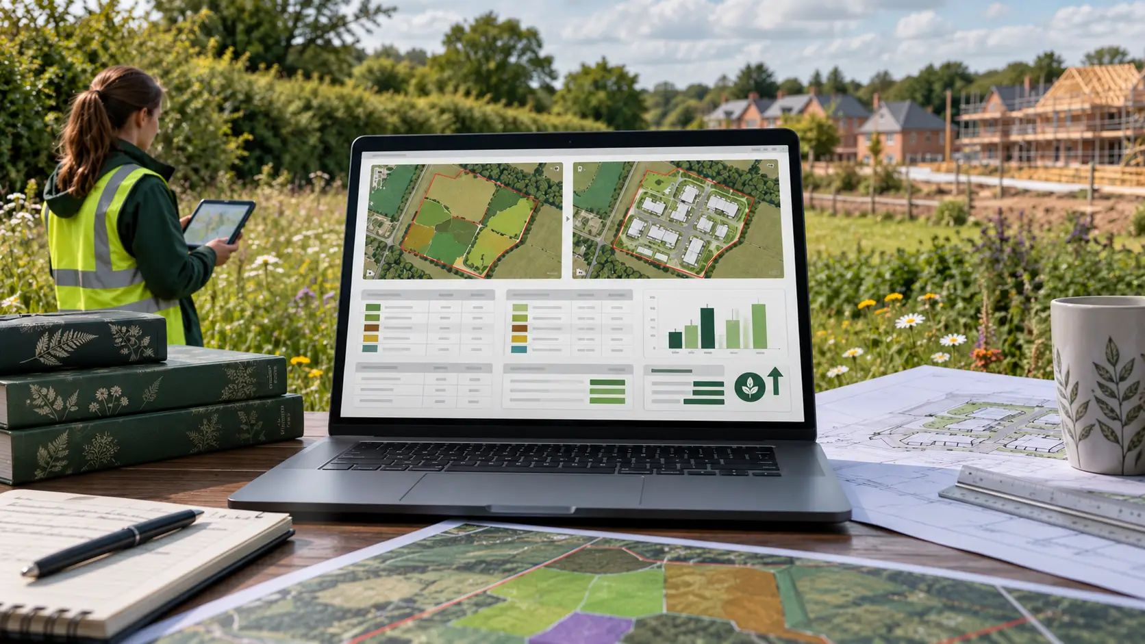 Illustration of an ecologist, habitat plans and a laptop representing biodiversity metric assessment.