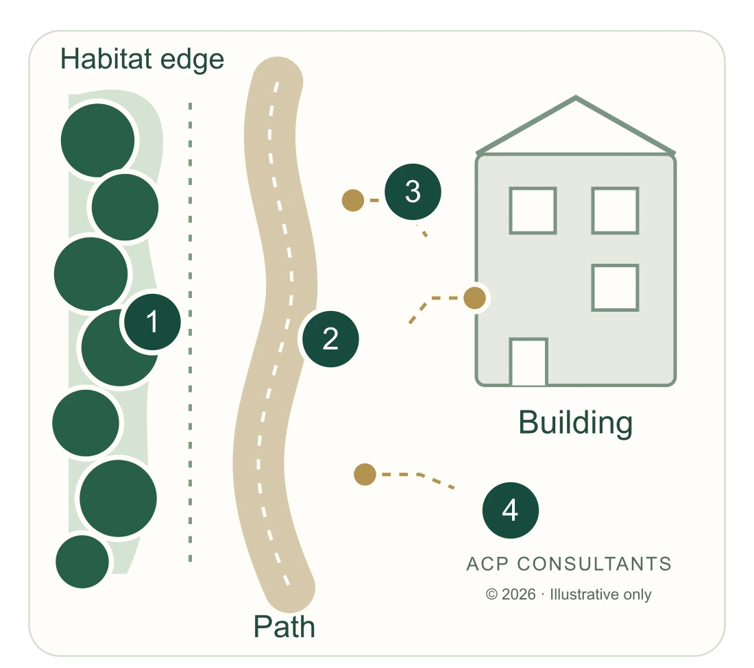 Bats and lighting briefing diagram showing habitat, a path, proposed fittings and four coordinated review decisions.