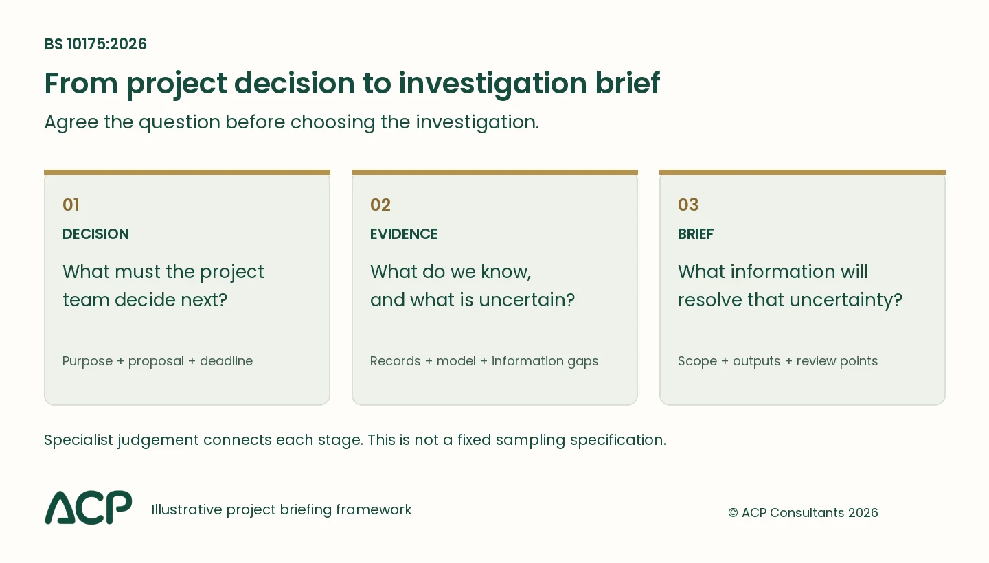BS 10175 investigation brief framework: define the decision, review evidence gaps, then agree scope and outputs.