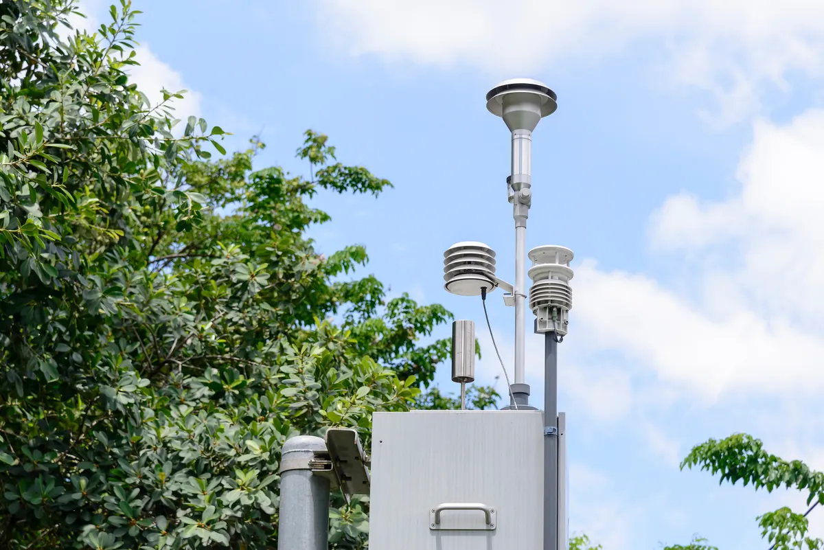 Environmental monitoring equipment beside trees