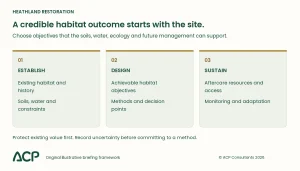 Heathland restoration decision framework linking site suitability, agreed habitat objectives and long-term management.