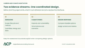 Whole life carbon assessment and adaptation framework separating emissions, climate risks and the shared design decision.