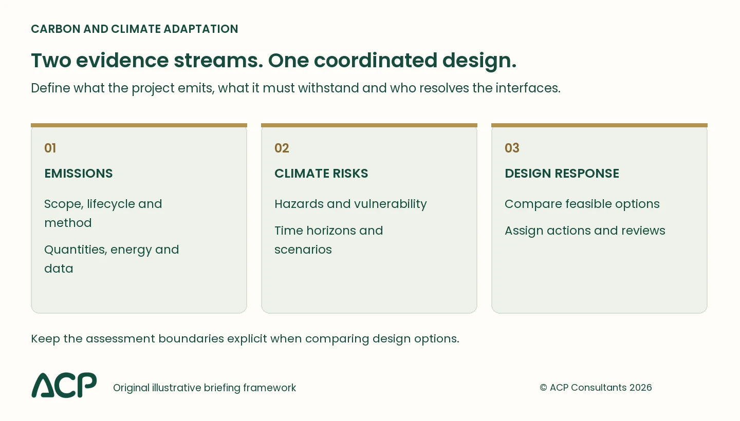 Whole life carbon assessment and adaptation framework separating emissions, climate risks and the shared design decision.