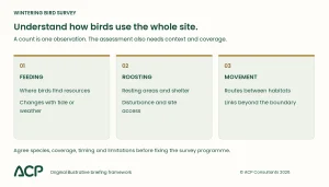 Wintering bird survey framework showing feeding areas, roosts and movement routes as linked survey questions.